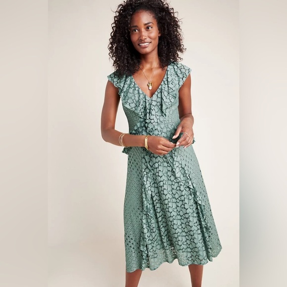 Anthropologie Dresses & Skirts - ANTHROPOLOGIE Antoinette Green Ruffle Midi Lace Crochet Dress Size 16